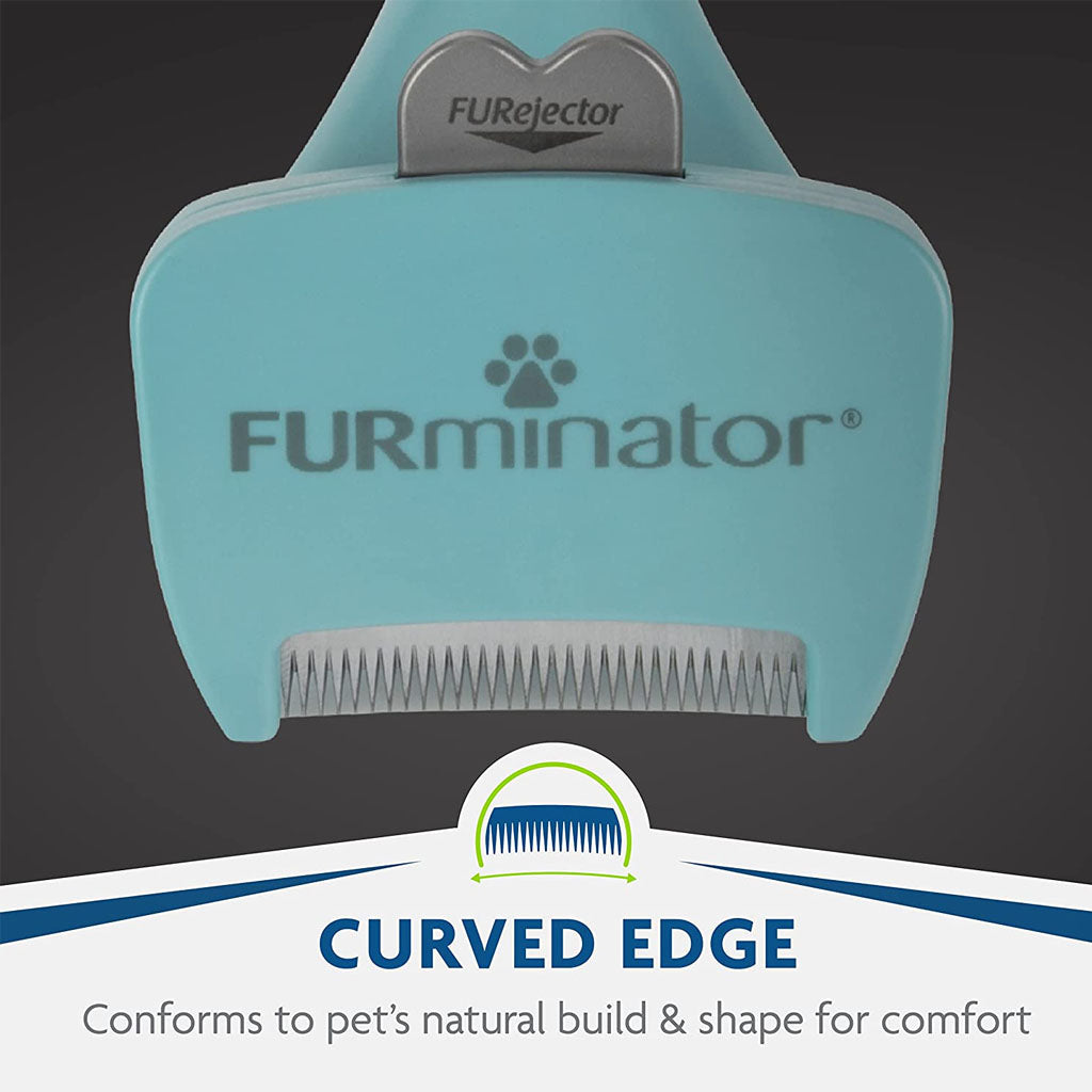 Deshed Tool curved edge conforms to pets natural build and shape.