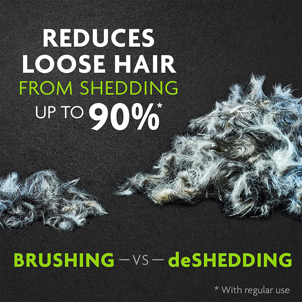 FURminator graphic comparing hair collected by brushing and deShedding, with a claim of up to 90% less loose hair with regular use