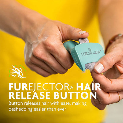 Deshed Tool furejector, hair release button. Button releases hair with ease.