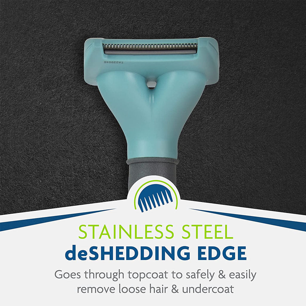 Deshed Tool stainless steel edge goes through topcoat to safely and easily remove loose hair and undercoat.