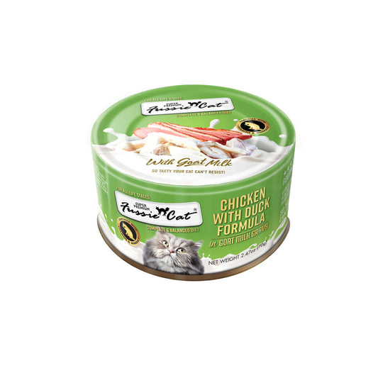 2.47 oz green can of Fussie Cat Chicken with Duck Formula in Goat Milk Gravy wet cat food