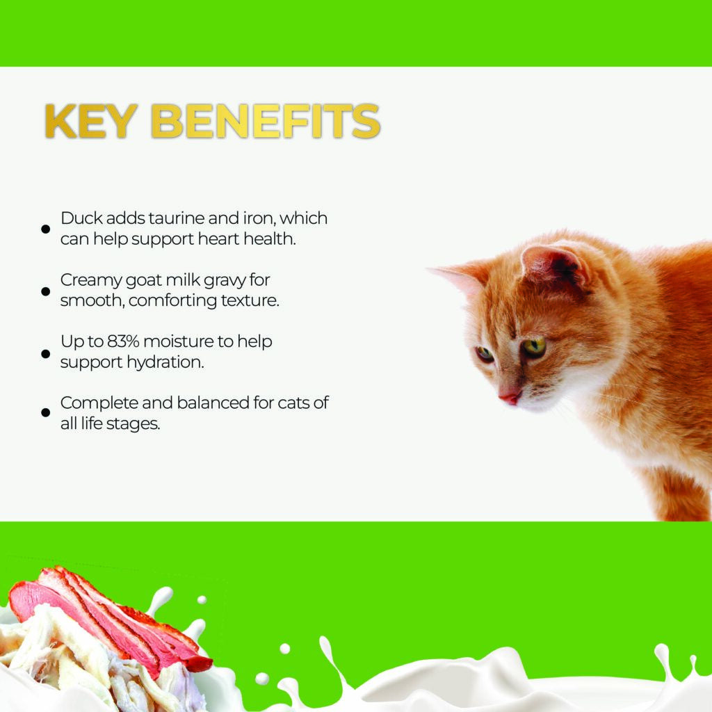 Fussie Cat Chicken with Duck in Goat Milk Gravy benefits graphic listing taurine and iron, creamy texture, moisture and nutrition for all life stages