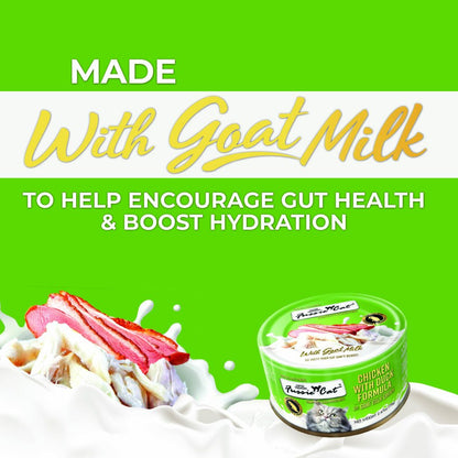 Fussie Cat Chicken with Duck Formula graphic highlighting goat milk to encourage gut health and hydration