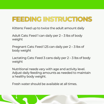 Fussie Cat feeding guide for kittens, adult, pregnant and lactating cats, with reminders to adjust portions and provide fresh water