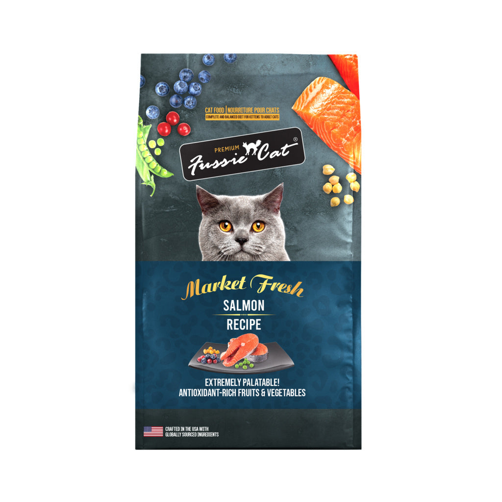 Bag of Fussie Cat Market Fresh Salmon Recipe dry cat food with a blue label and gray cat illustration