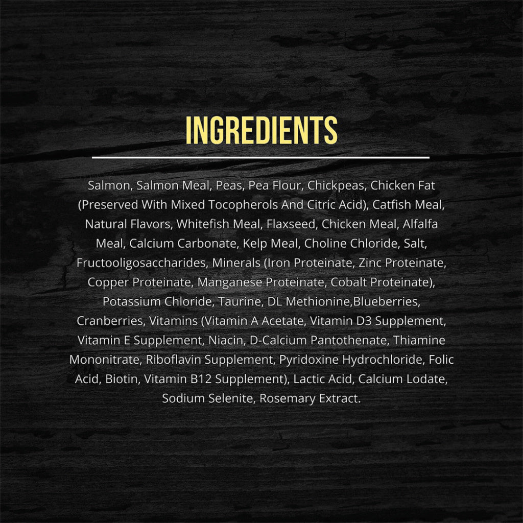 Fussie Cat Market Fresh Salmon Recipe ingredient list beginning with salmon, salmon meal, peas, pea flour and chickpeas