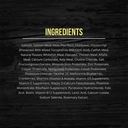 Fussie Cat Market Fresh Salmon Recipe ingredient list beginning with salmon, salmon meal, peas, pea flour and chickpeas