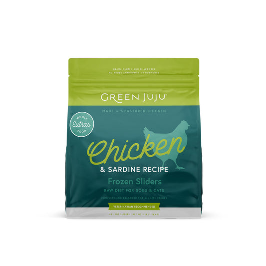 Green Juju Extras Chicken and Sardine Recipe frozen sliders bag for dogs and cats