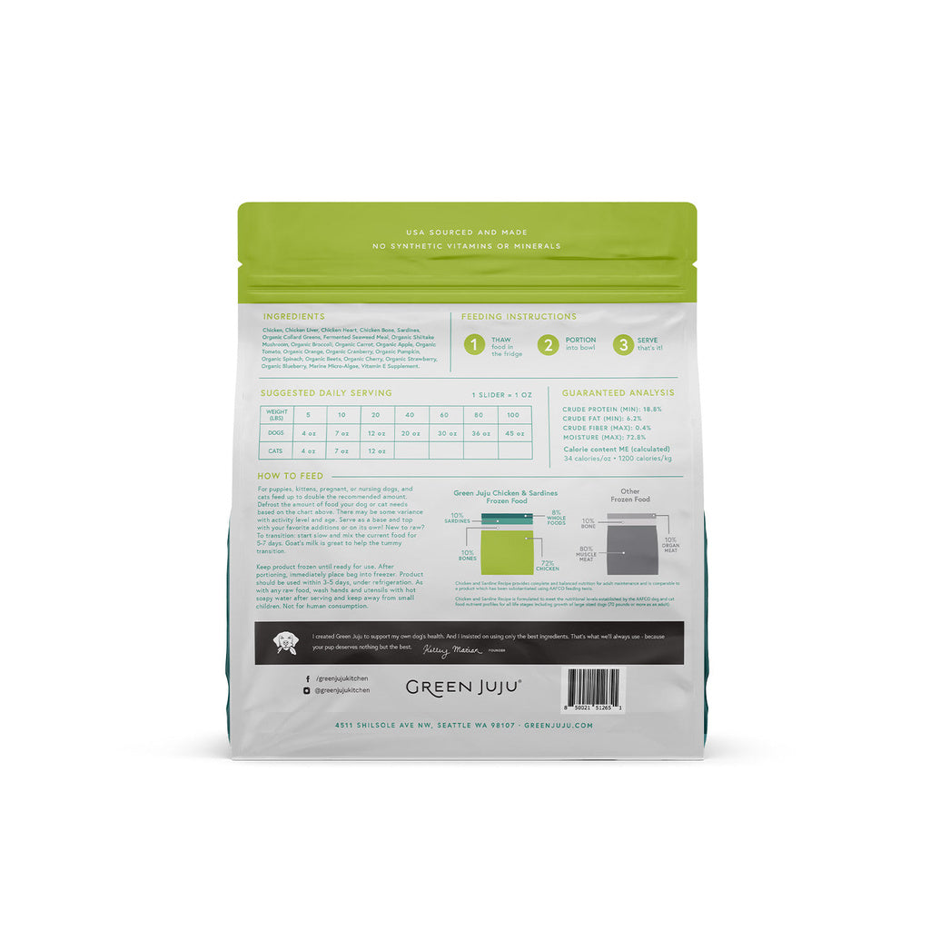 Back of Green Juju Extras Chicken and Sardine frozen sliders bag showing ingredients, nutrition, feeding and storage instructions