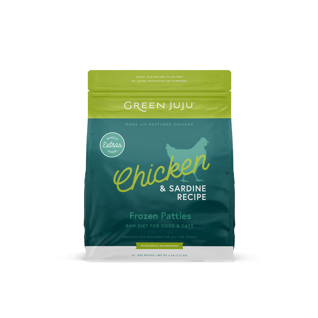 Green Juju Extras Chicken and Sardine Recipe frozen patties bag for dogs and cats