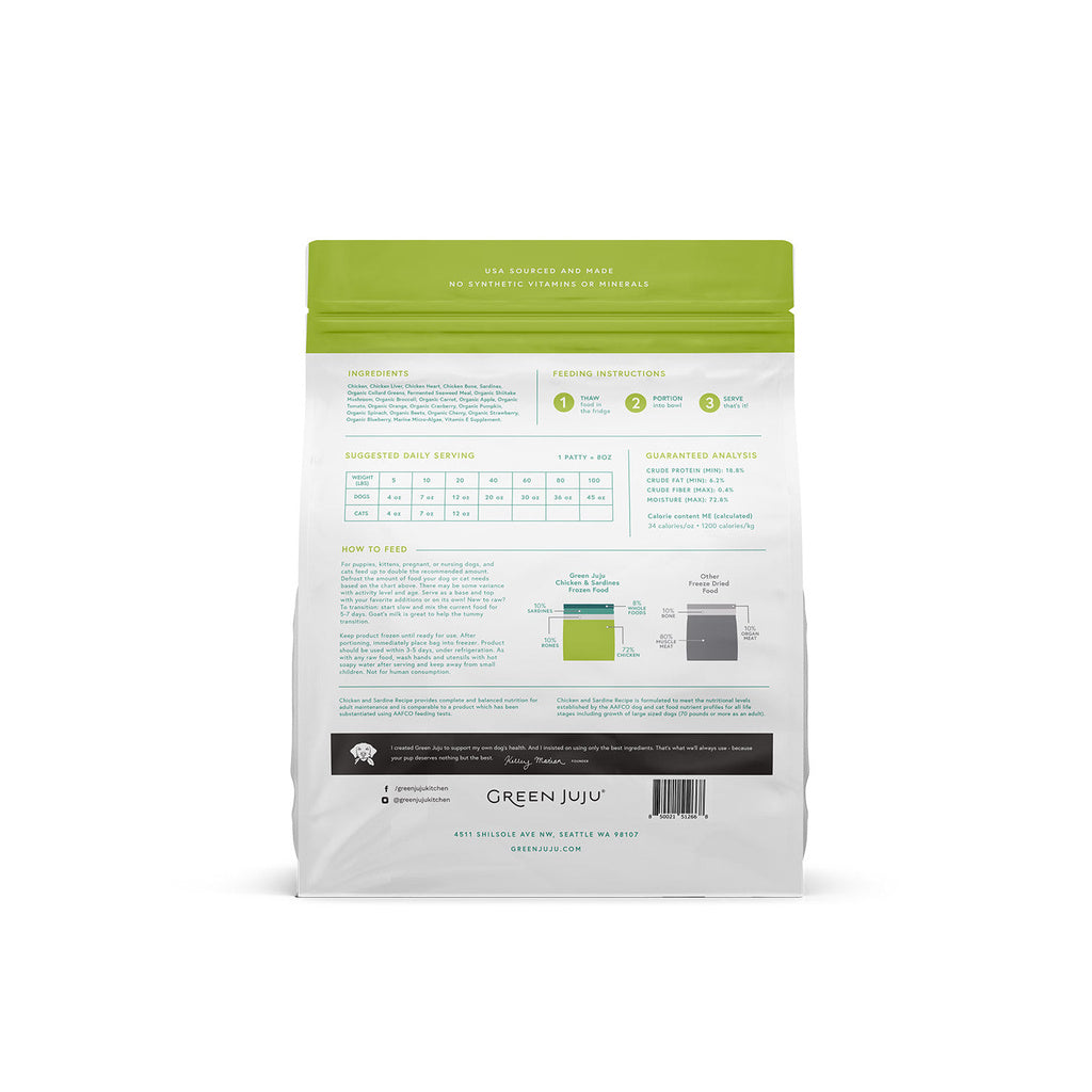 Back of Green Juju Extras Chicken and Sardine frozen patties bag showing ingredients, guaranteed analysis, feeding and handling instructions