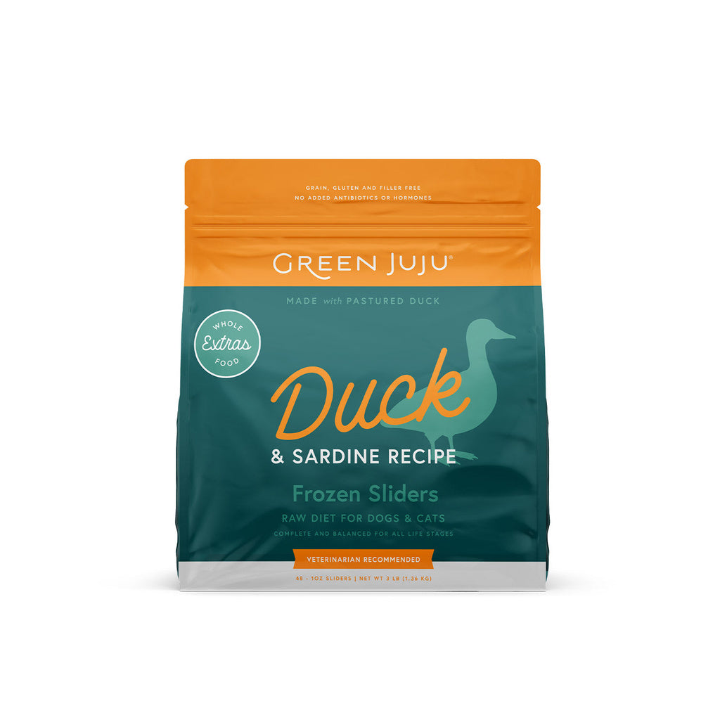 Green Juju Extras Duck and Sardine Recipe frozen sliders bag for dogs and cats