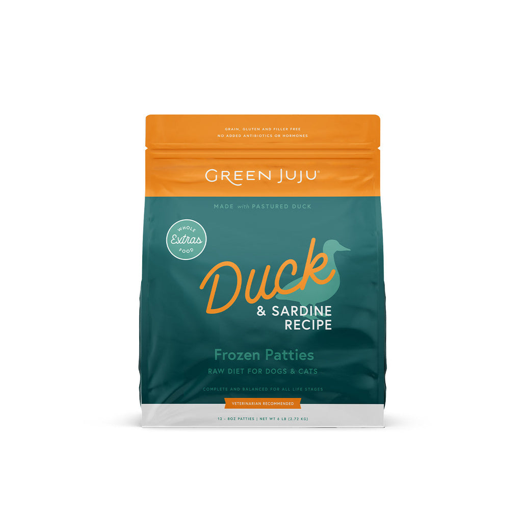 Green Juju Extras Duck and Sardine Recipe frozen patties bag for dogs and cats