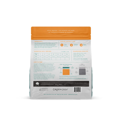 Back of Green Juju Extras Duck and Sardine frozen sliders bag showing ingredients, nutrition, feeding and storage instructions