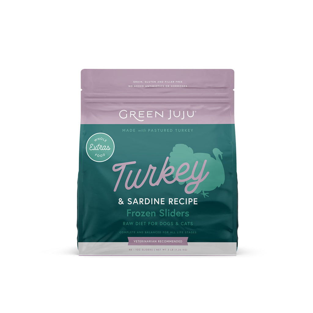 Green Juju Extras Turkey and Sardine Recipe frozen sliders bag for dogs and cats