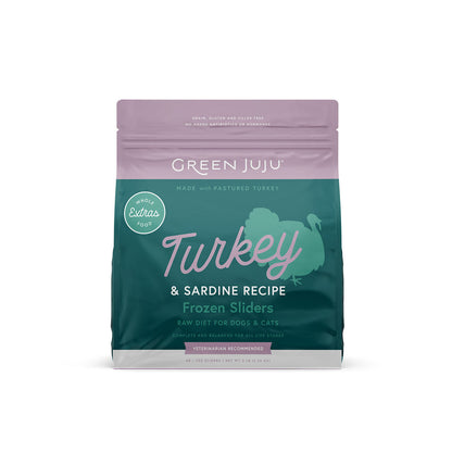 Green Juju Extras Turkey and Sardine Recipe frozen sliders bag for dogs and cats