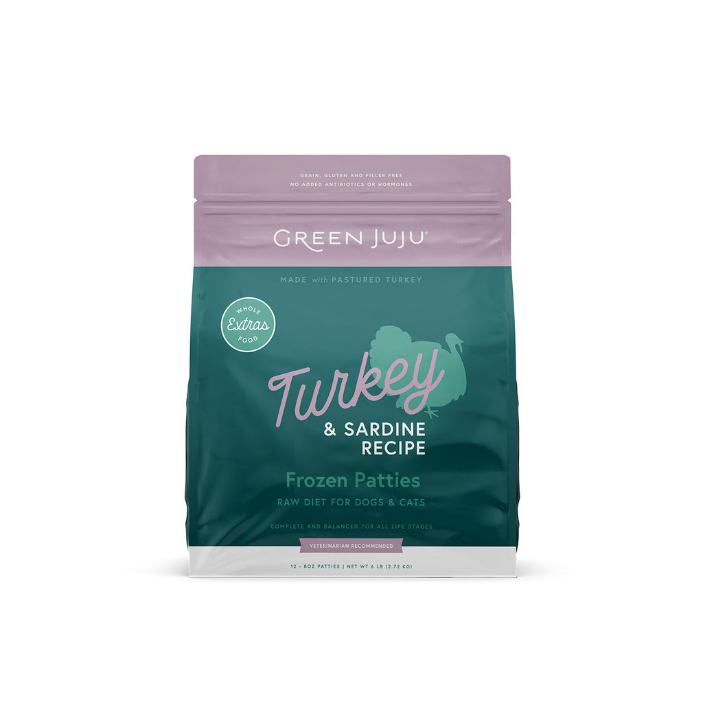 Green Juju Extras Turkey and Sardine Recipe frozen patties bag for dogs and cats