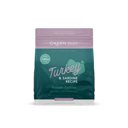 Green Juju Extras Turkey and Sardine Recipe frozen patties bag for dogs and cats