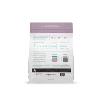 Back of Green Juju Extras Turkey and Sardine frozen patties bag showing ingredients, nutrition, feeding and handling instructions
