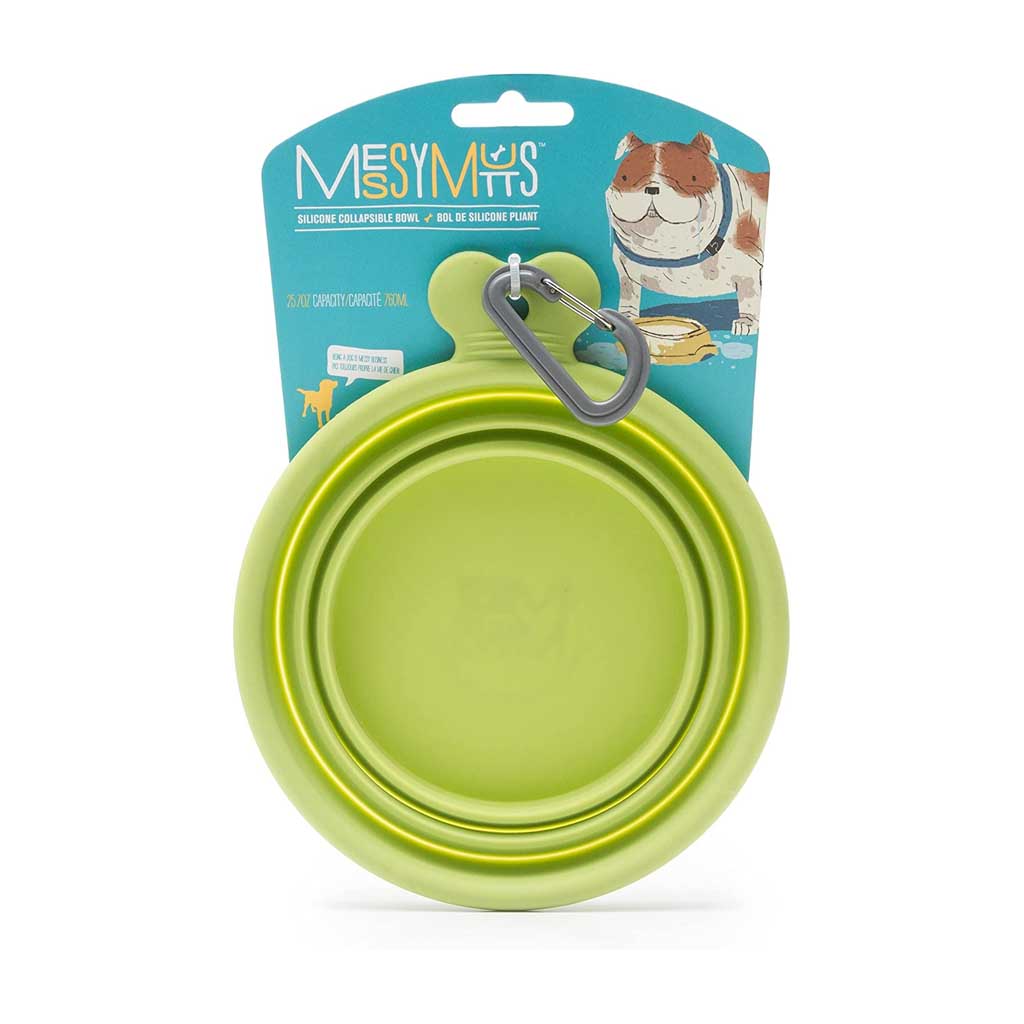 Small green Messy Mutts collapsible bowl and gray carabiner on a turquoise retail card.