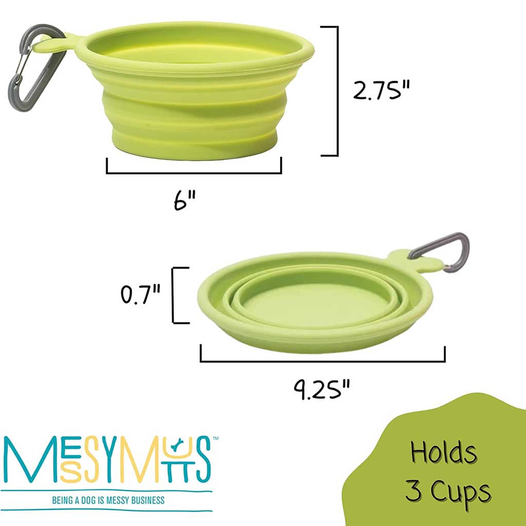 Green 3-cup Messy Mutts travel bowl diagram showing expanded and folded forms with measurement labels.
