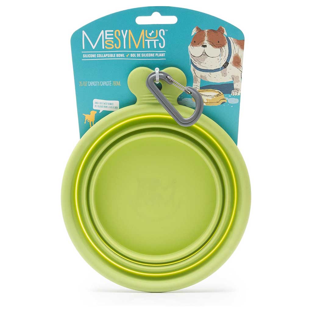 Green Messy Mutts collapsible silicone bowl with a gray carabiner attached to turquoise retail packaging.