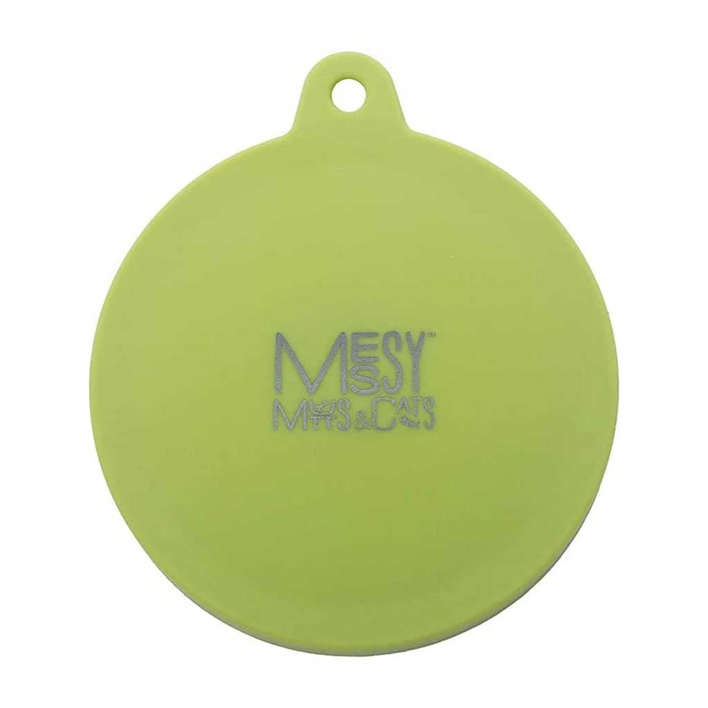 Green Messy Mutts and Cats silicone pet food can cover with a pull tab and hanging hole.