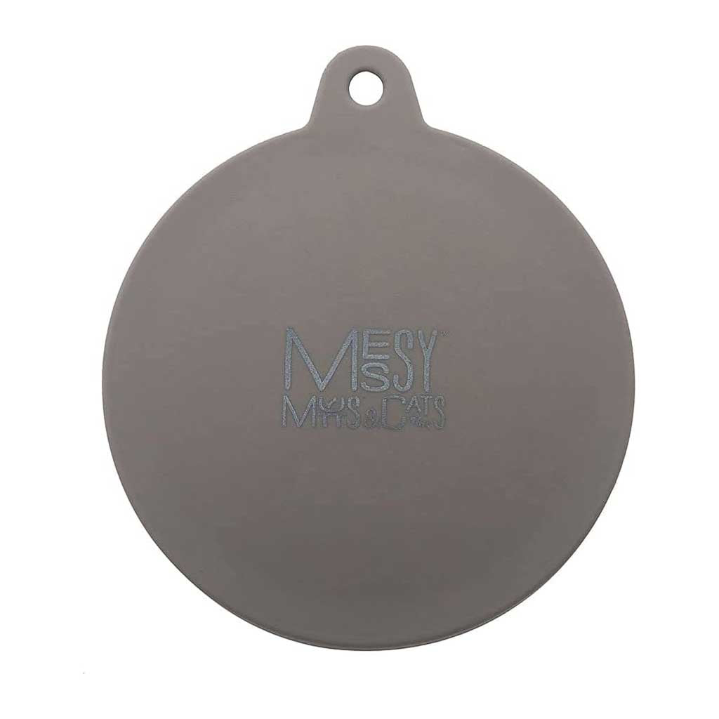 Gray Messy Mutts and Cats silicone pet food can cover with a pull tab and hanging hole.