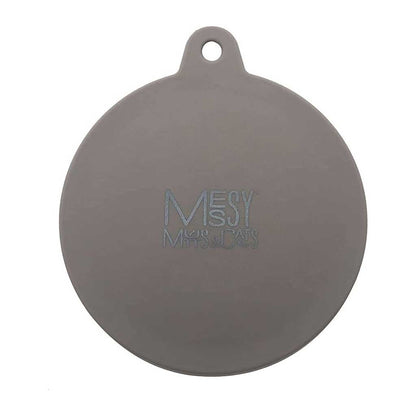 Gray Messy Mutts and Cats silicone pet food can cover with a pull tab and hanging hole.
