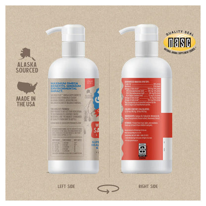 Side labels of Grizzly Wild Alaskan Salmon Plus oil supplement showing ingredients, guaranteed analysis and feeding directions
