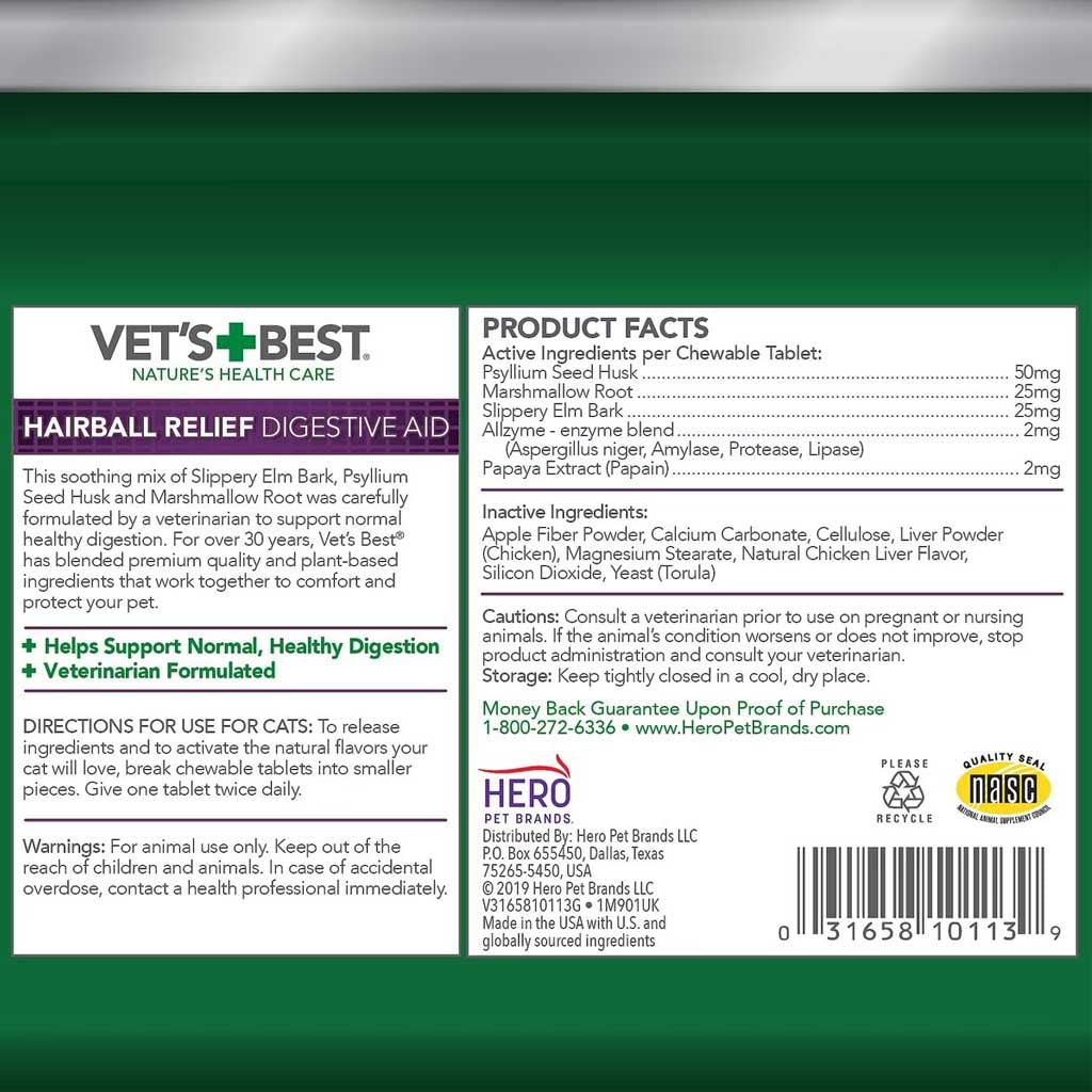 Hairball Relief Digestive Aid Chews 60ct product facts.
