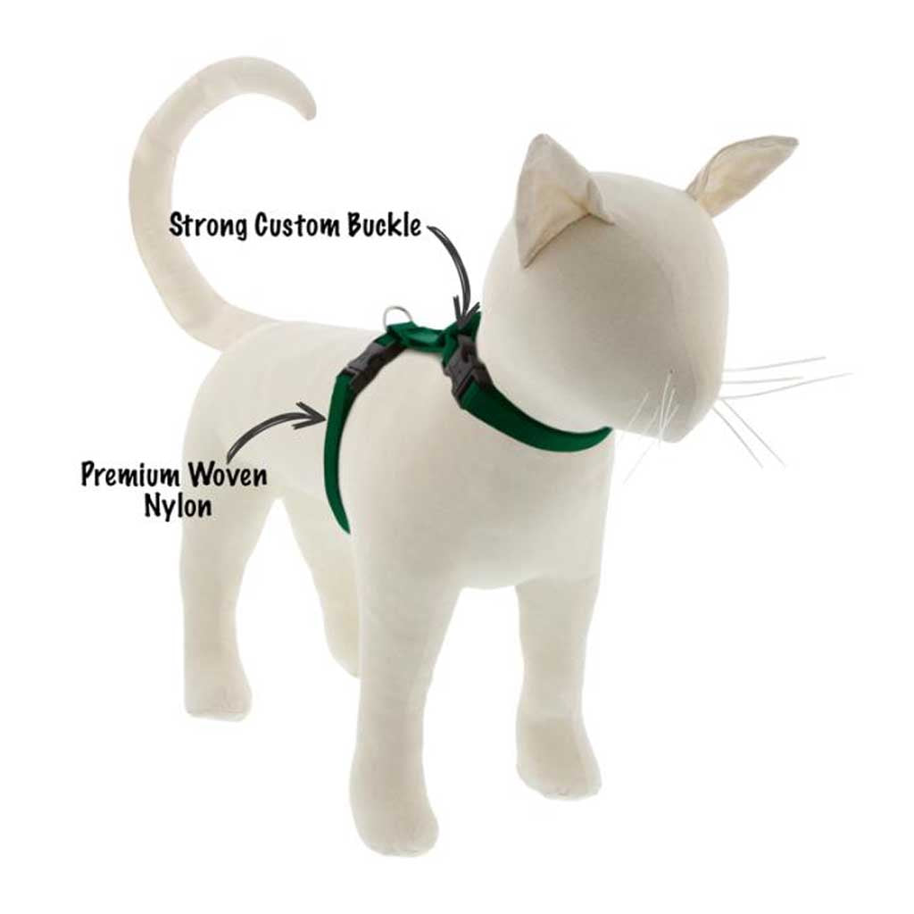Lupine Pet H-style harness feature diagram on a white cat mannequin wearing a green harness.