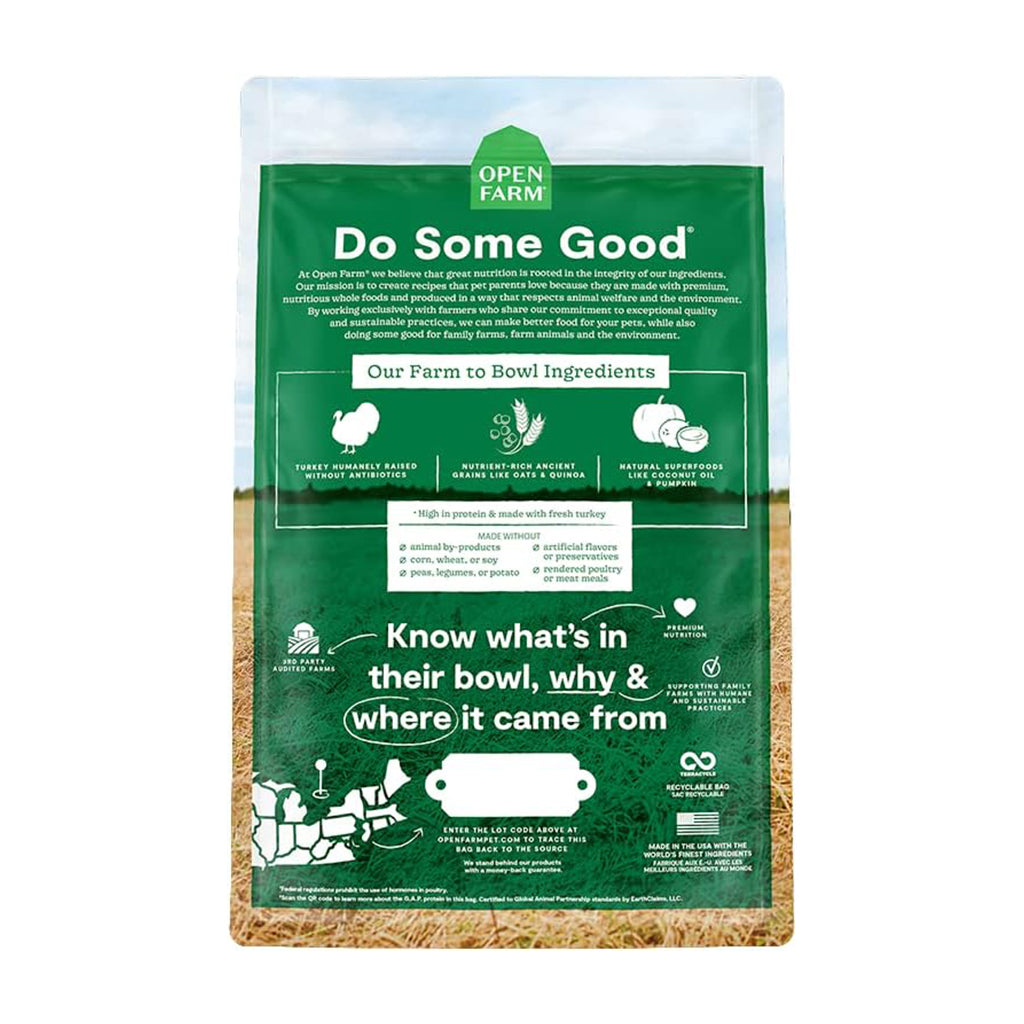 Homestead Turkey & Ancient Grains Recipe back of bag. 