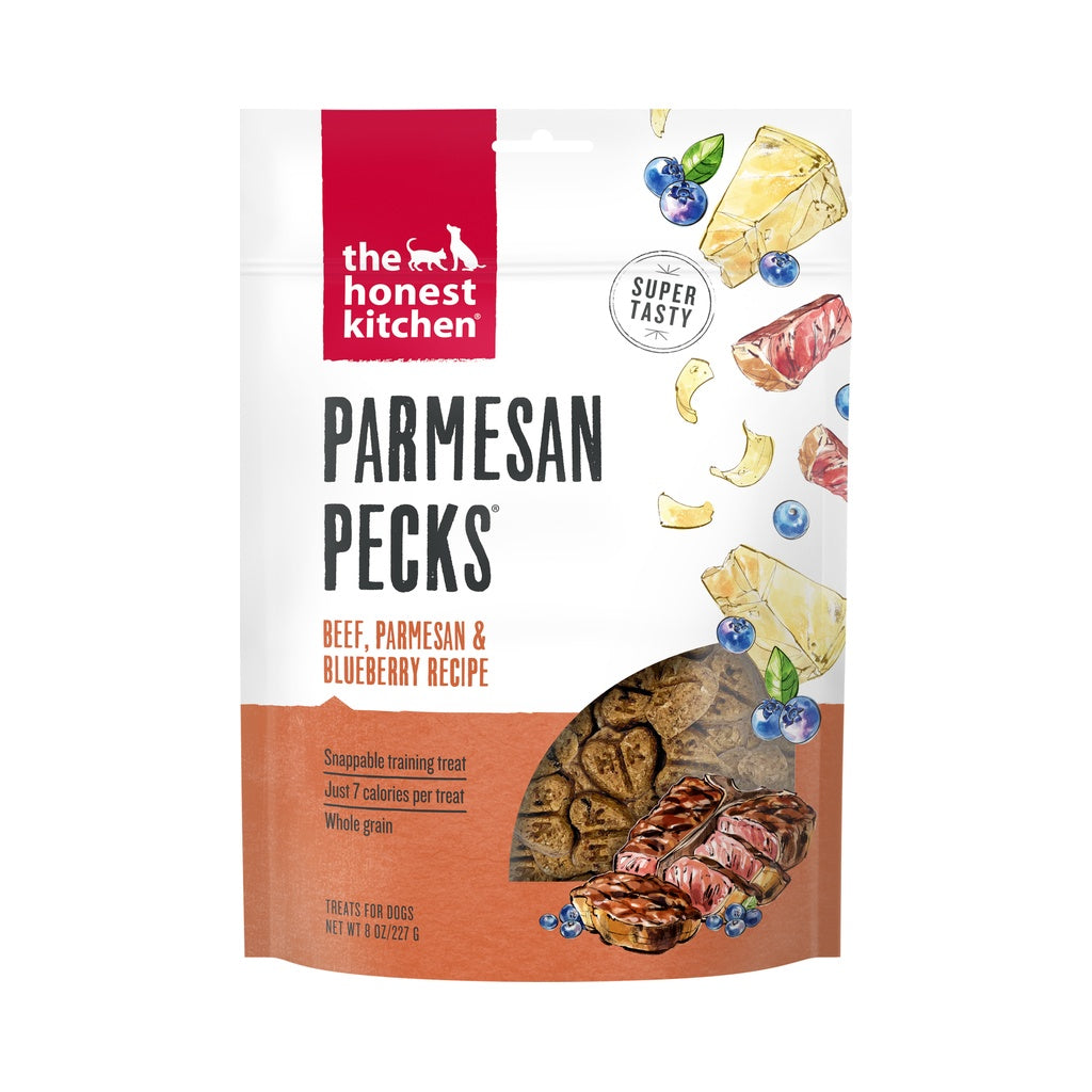 The Honest Kitchen Parmesan Pecks Beef, Parmesan & Blueberry Recipe 8 oz dog training treats bag with white and orange packaging.