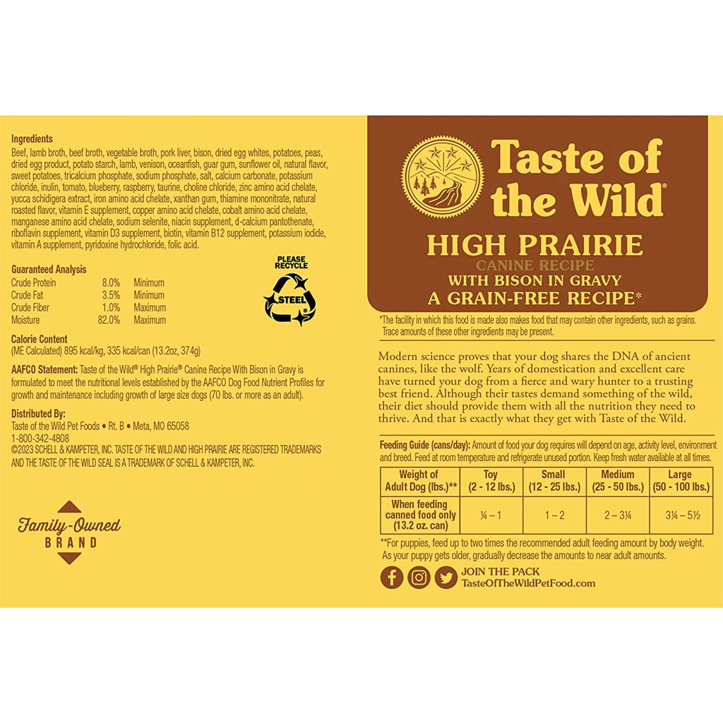 High Prairie Bison in Gravy Canned Food for Dogs 13.2oz feeding guidelines. 