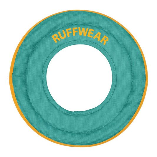 Biolumin Blue Ruffwear Hydro Plane floating ring toy with yellow trim and Ruffwear lettering, shown from above.