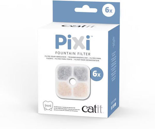 White and blue Catit PIXI Fountain Filter box marked 6x, showing a square replacement filter with a center opening.