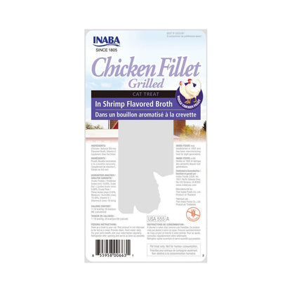Back of Inaba Grilled Chicken Fillet in Shrimp Broth package showing ingredients and feeding directions