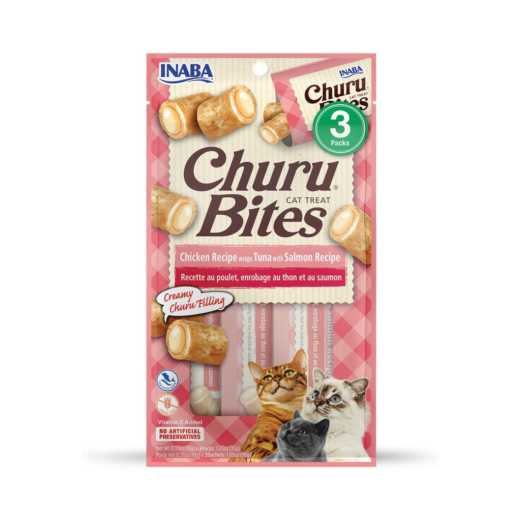 Front of Inaba Churu Bites Chicken and Tuna with Salmon cat treats three-pack bag
