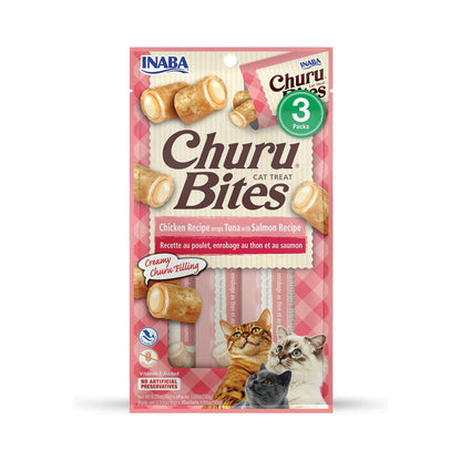 Front of Inaba Churu Bites Chicken and Tuna with Salmon cat treats three-pack bag