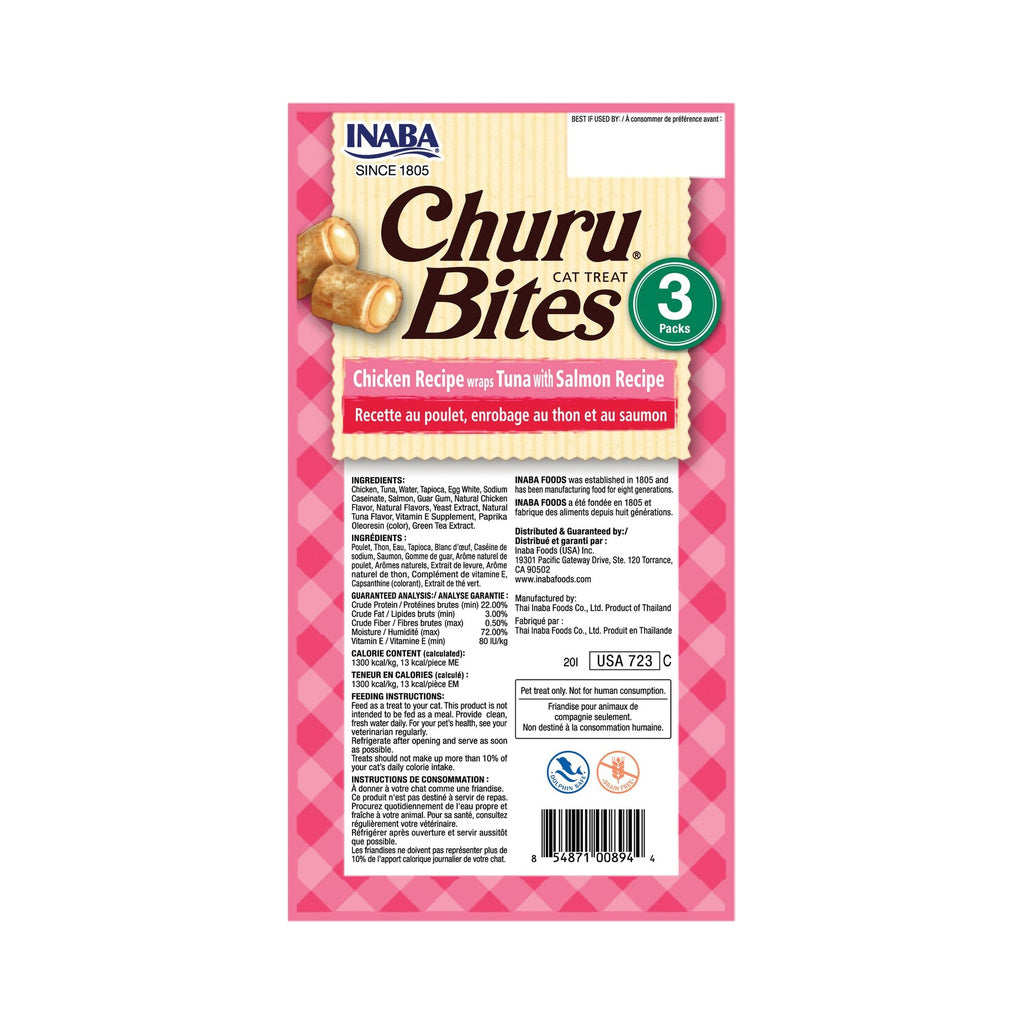 Back of Inaba Churu Bites Chicken and Tuna with Salmon three-pack bag showing ingredients and feeding directions