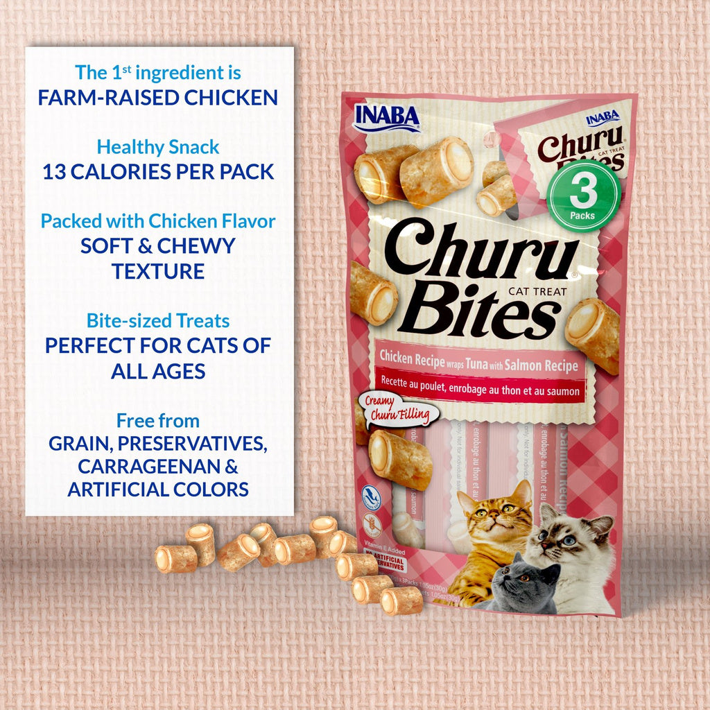 Inaba Churu Bites Chicken and Tuna with Salmon package and product benefits graphic