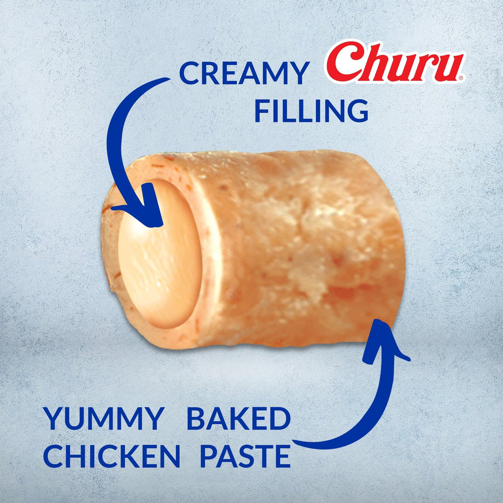 Inaba Churu Bites cutaway showing creamy Churu filling inside baked chicken paste