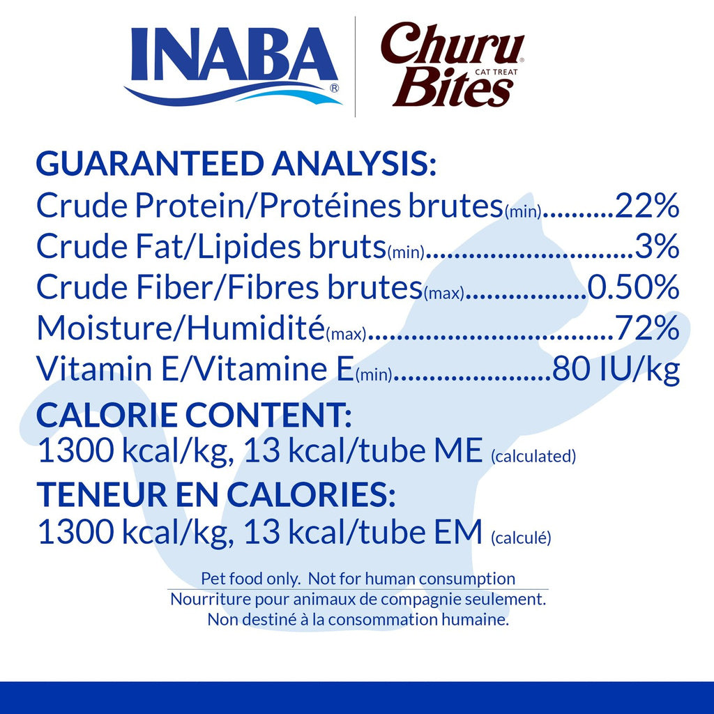 Inaba Churu Bites Chicken and Tuna with Salmon guaranteed analysis and calorie content graphic