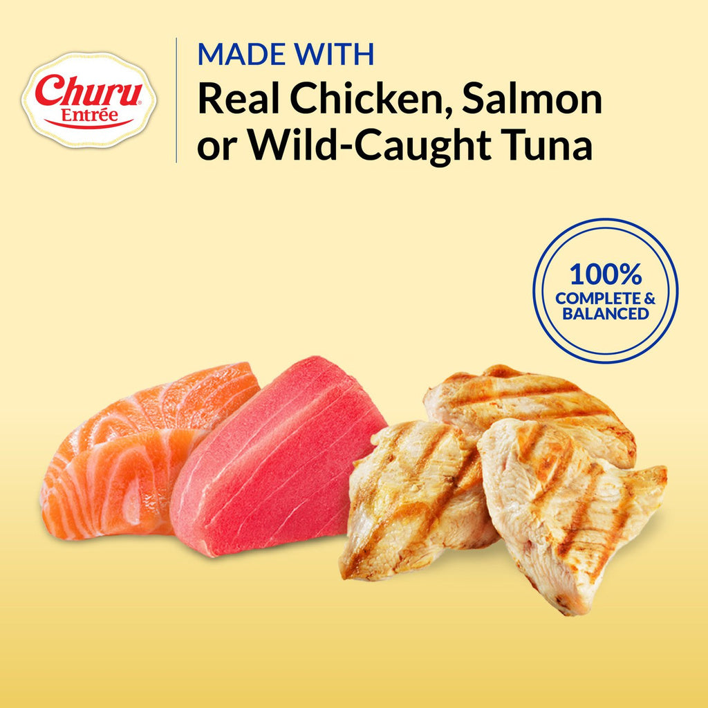 Inaba Churu Entrée graphic showing chicken, salmon and tuna ingredients