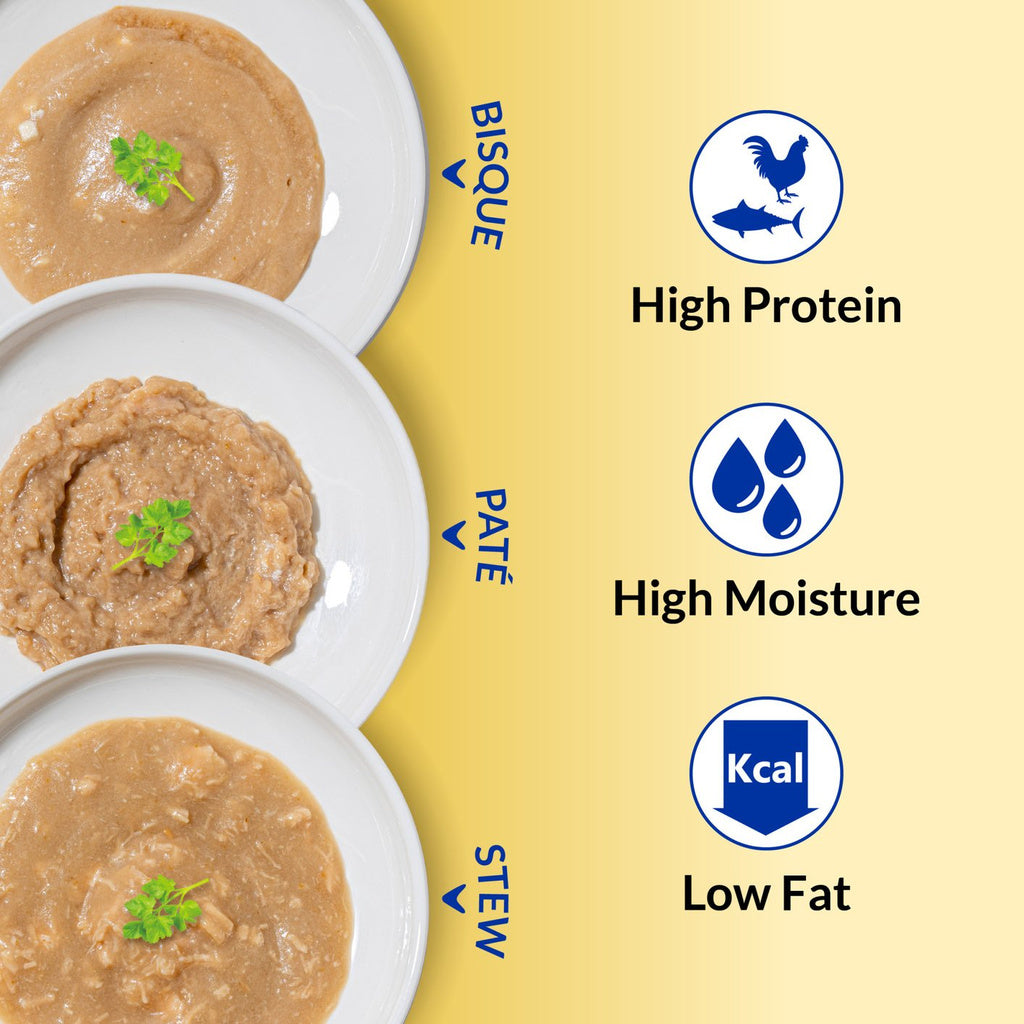 Inaba Churu Entrée paté Chicken with Tuna Recipe product benefits graphic with plated cat food