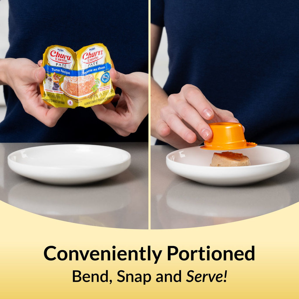 Inaba Churu Entrée twin-cup instructions showing bend, snap and serve steps