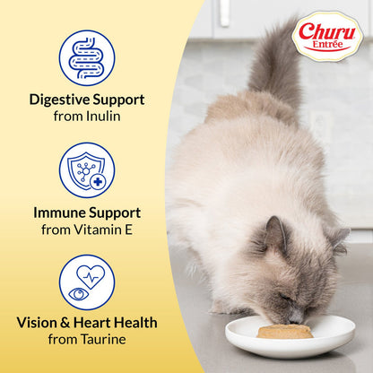 Cat eating Inaba Churu Entrée beside a graphic about inulin, vitamin E and taurine