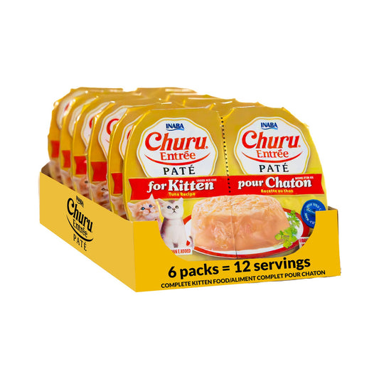 Inaba Churu Entrée Tuna Recipe paté for kittens in a display box of six twin-cup packs