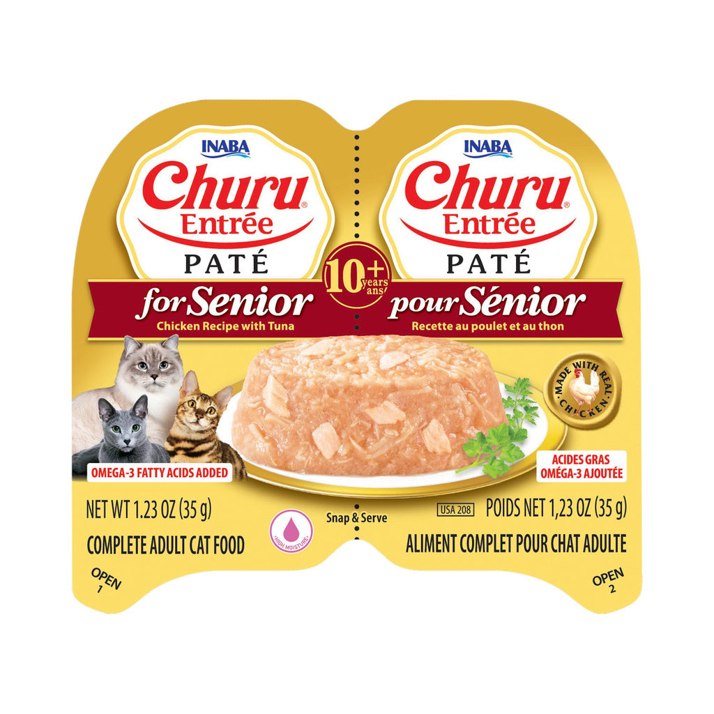 Front of Inaba Churu Entrée Chicken with Tuna Recipe paté twin-cup package for senior cats